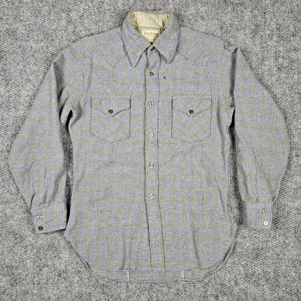 Pendleton Men's Medium Blue Gray Wool Button Western Shirt Houndstooth Yoke VTG